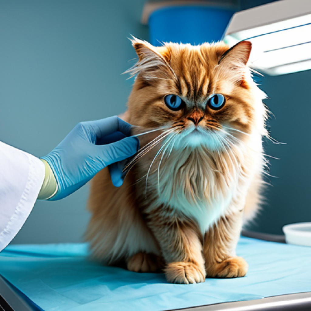 고양이 눈 건강 관리 - "A veterinarian carefully examining a fully clothed Persian cat's eyes with a bright light, appropri...