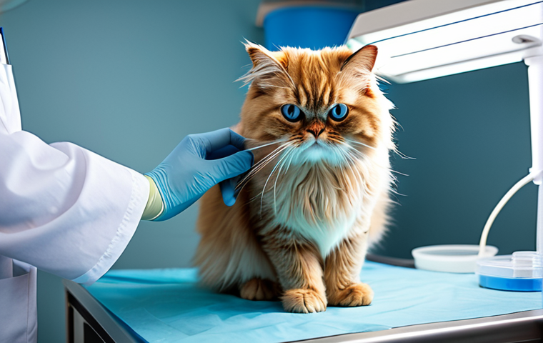 고양이 눈 건강 관리 - "A veterinarian carefully examining a fully clothed Persian cat's eyes with a bright light, appropri...
