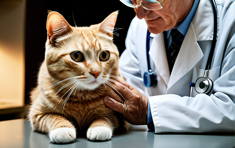 고양이 눈 건강 관리 - "A veterinarian carefully examining a fully clothed Persian cat's eyes with a bright light, appropri...
