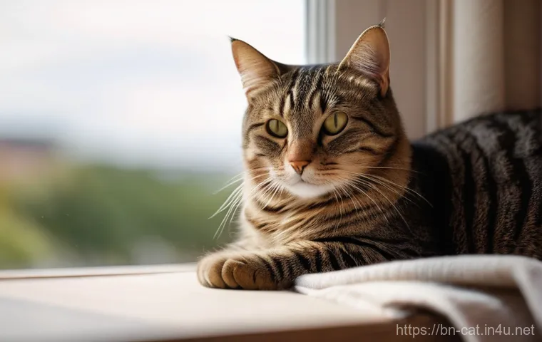 고양이 언어 이해하기 - **Prompt:** "A contented tabby cat with bright, expressive eyes is slow-blinking gently, indicating ...