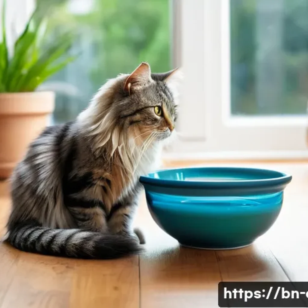 고양이 물 마시게 하기 - A fluffy, long-haired tabby cat with striking green eyes is gracefully drinking fresh, clear water f...