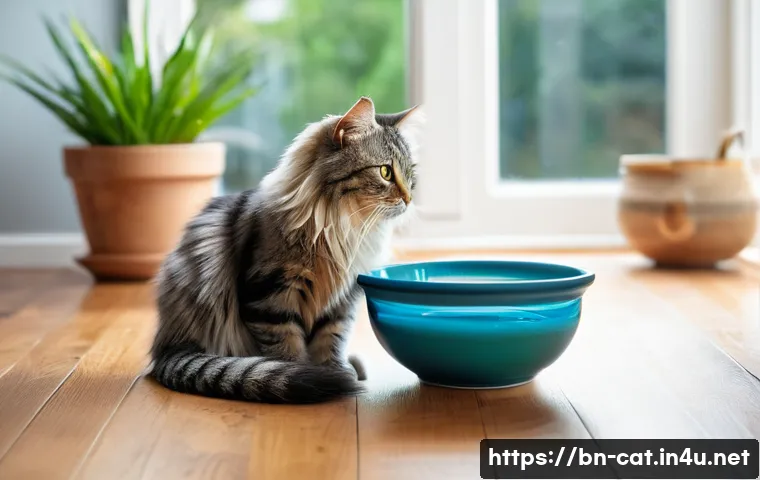 고양이 물 마시게 하기 - A fluffy, long-haired tabby cat with striking green eyes is gracefully drinking fresh, clear water f...