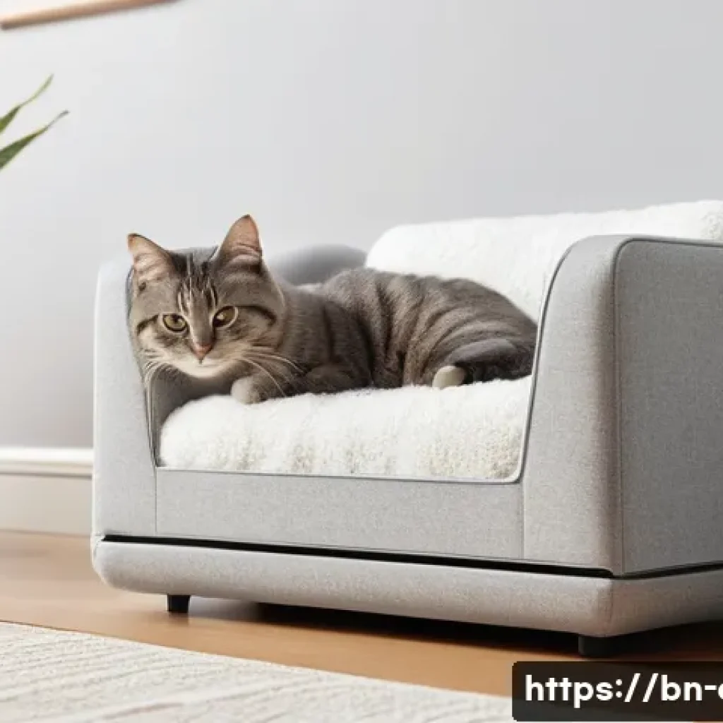 고양이 자동화장실 비교 - **Prompt:** A cozy and modern living room bathed in warm, soft light. In the foreground, a content w...