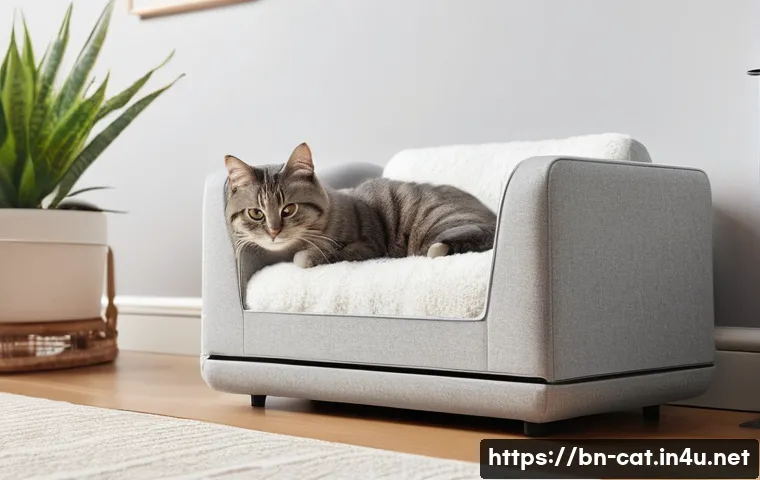 고양이 자동화장실 비교 - **Prompt:** A cozy and modern living room bathed in warm, soft light. In the foreground, a content w...