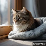Home 22 고양이와 겨울나기 - A cozy indoor corner for a cat during cold weather, featuring a soft, warm blanket draped over a sma...