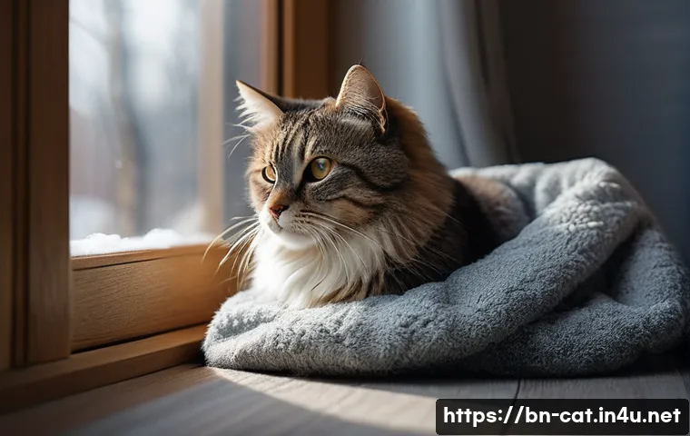 고양이와 겨울나기 - A cozy indoor corner for a cat during cold weather, featuring a soft, warm blanket draped over a sma...