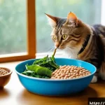 Home 20 고양이 간 보호 사료 - A detailed, heartwarming scene of a healthy Bengali domestic cat wearing a collar, eating a balanced...