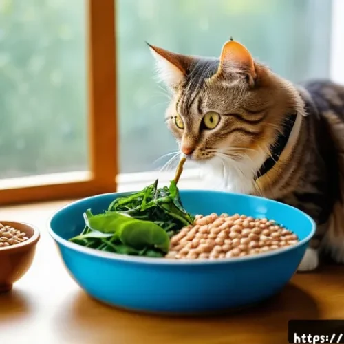 Home 32 고양이 간 보호 사료 - A detailed, heartwarming scene of a healthy Bengali domestic cat wearing a collar, eating a balanced...