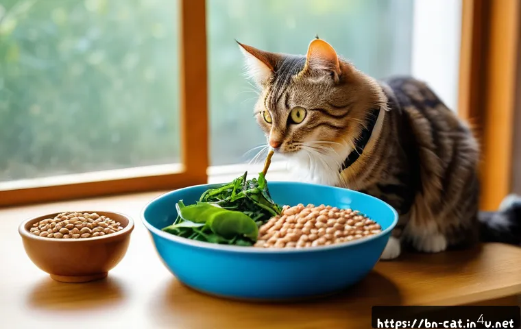 고양이 간 보호 사료 - A detailed, heartwarming scene of a healthy Bengali domestic cat wearing a collar, eating a balanced...