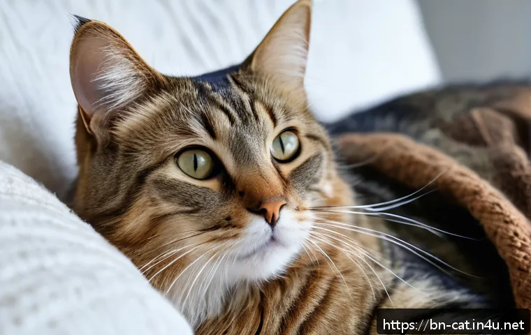 고양이 소화불량 증상 - A detailed close-up of a domestic cat with subtle signs of digestive discomfort, such as a slightly ...