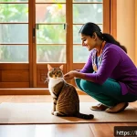Home 18 고양이 분양 계약서 작성법 - A caring Bengali cat owner playing gently with a healthy, well-groomed domestic cat wearing a small ...