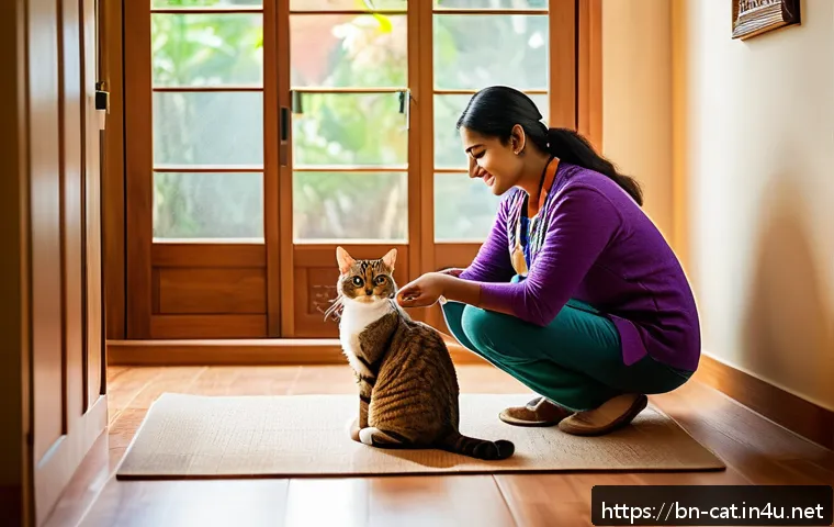 고양이 분양 계약서 작성법 - A caring Bengali cat owner playing gently with a healthy, well-groomed domestic cat wearing a small ...