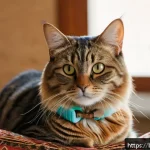 Home 23 고양이 마이크로칩 등록 - A detailed close-up of a calm Bengali domestic cat wearing a comfortable collar, sitting peacefully ...