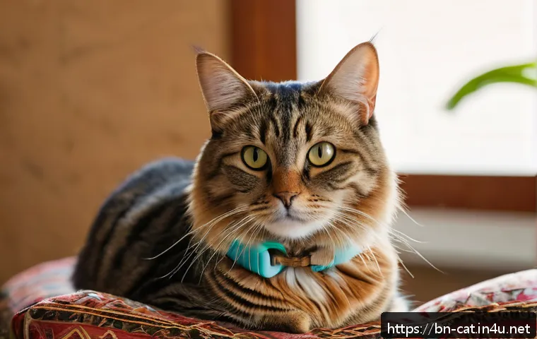 고양이 마이크로칩 등록 - A detailed close-up of a calm Bengali domestic cat wearing a comfortable collar, sitting peacefully ...