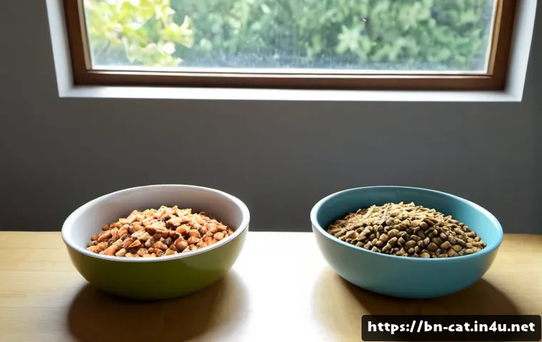 Home 17 고양이 사료 성분 비교 - Photorealistic top-down comparison scene of two unbranded cat food bowls on a clean light-wood kitch...