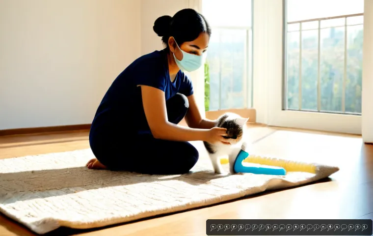 고양이 털 알레르기 관리법 - Photorealistic bright apartment living room, a caring adult wearing a simple protective face mask ge...